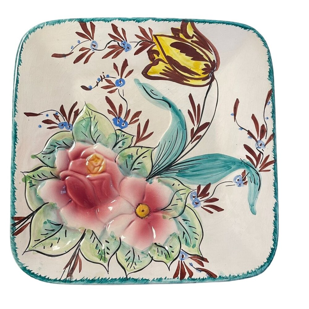 Vintage Italian Hand Painted Ceramic Floral Square Plate Platter u
